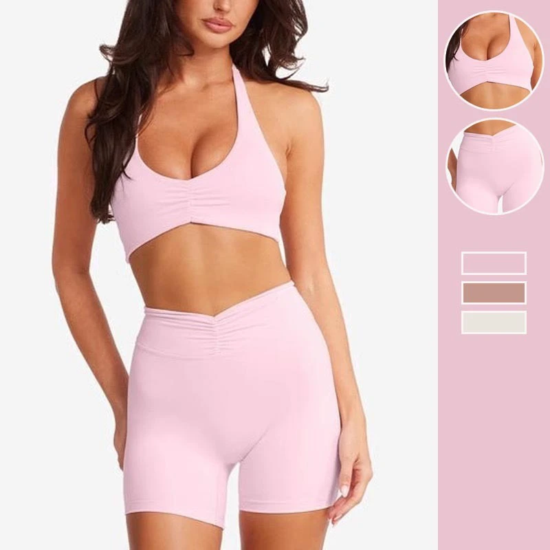 YIYI 2pc Halter Neck Ruched Sports Bra Set with Paddings Highwaist Quick Dry Yoga Shorts Suit for Women Slim Fitness Yoga Outfit