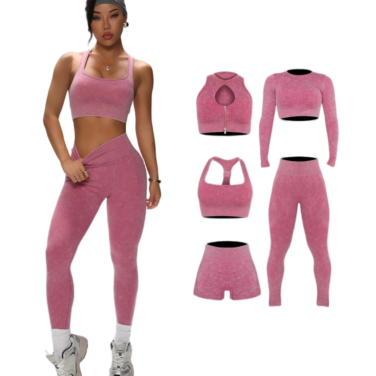 Seamless 5 Pieces Lightweight Breathable Quick Dry Workout Matching Sets for Women Lounge Clothing Spandex/nylon Elastic Waist