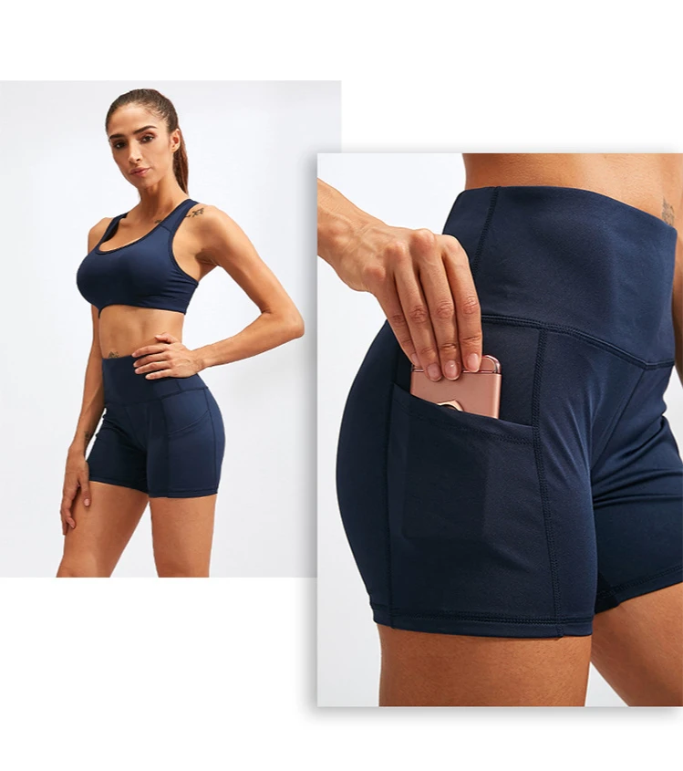 Wholesale Women High Waist Quick Drying Tight Stretch Two Piece Running Training Yoga Workout Short Set With Side Pockets