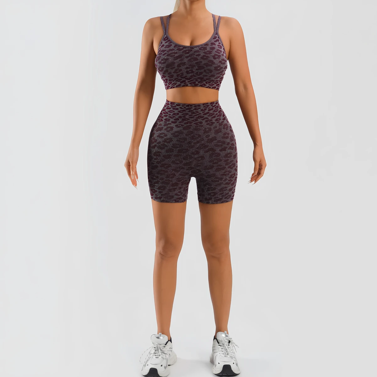 Women's Fitness Sports Set Leopard Print Seamless Quick-Drying Bra High-Waisted 2-Piece Yoga Shorts Breathable Nude Feel