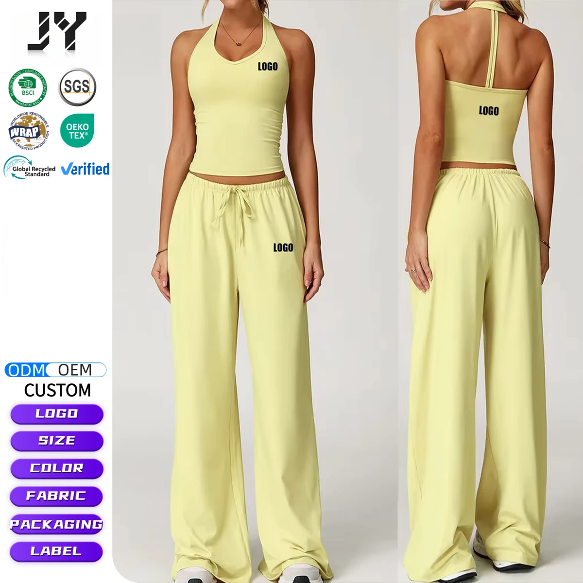 JY New Women's 2-Piece Yoga Set Quick-Dry V-Neck Tank + Wide-Leg Pants Sports Running Fitness Outfit Custom Logo OEM Wholesale