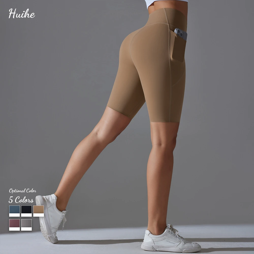 HUIHE Wholesale High Waisted Biker Tight Shorts with Pockets Tummy Control Casual Workout Yoga Shorts for Women