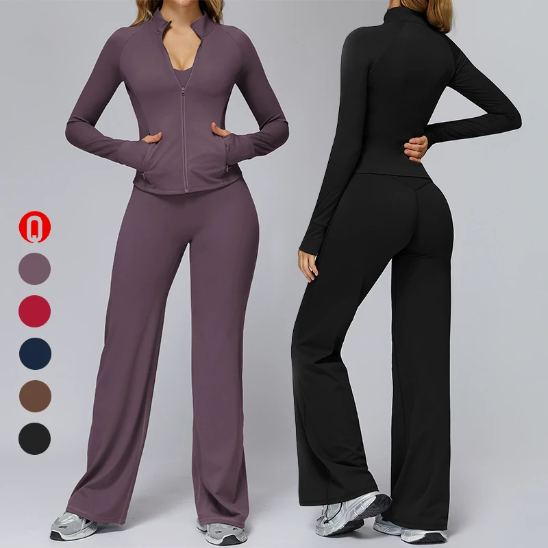 Oem Women Sportswear Sports Jackets Gym Wear Yoga Clothes Running Flare Leggings Yoga Pants Workout Fitness Women's Sets