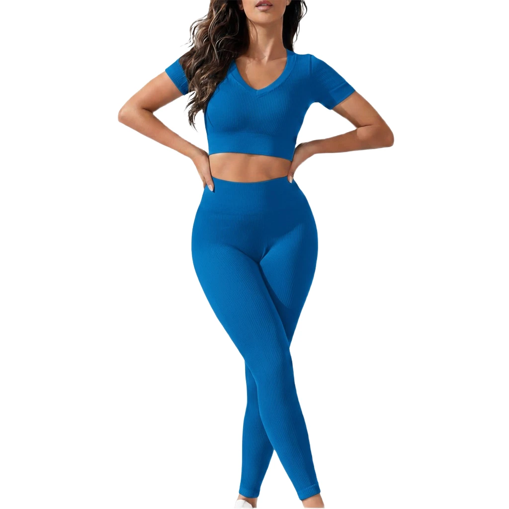 Womens High Waist Yoga Leggings With Long Sleeve Crop Top Gym Fitness Seamless Set
