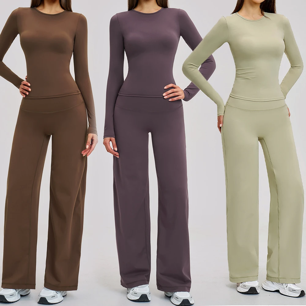 Custom Women's Yoga 2 Piece Set Long Sleeve Crew Neck Crop Top High Waist Wide Leg Pants Butt Lifting Stretchy Gym Activewear