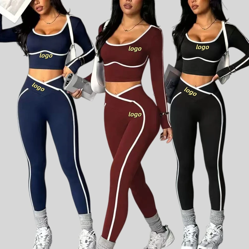 Hot Sale Women Yoga Sport Clothes Suits Color Blocking Trim Outdoor Running Gym Fitness Workout 2pieces Activewear Sets