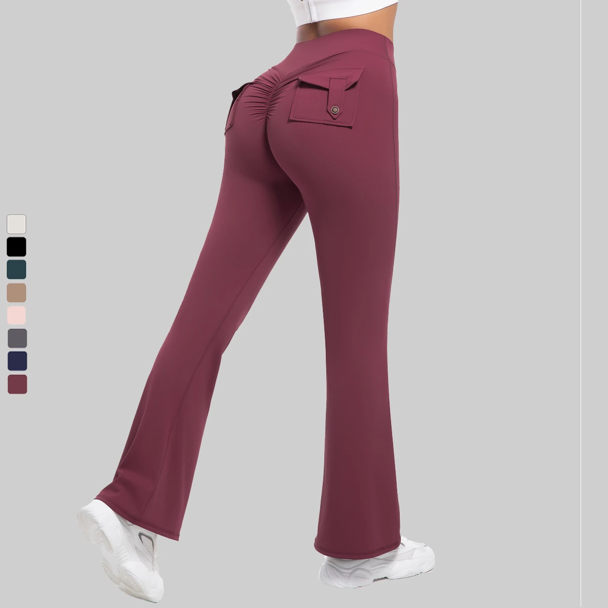 Women High Waist Elastic Waist Solid Yoga Flare Pants Scrunch Butt Running Bell Bottom Tight Pocket Gym Wide Leggings Quick Dry
