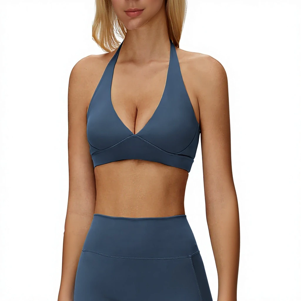 Latest Women Deep V Neck Halter Sports Bra Medium Support Yoga Top Solid Color Spandex Polyester Fitness Sports Bra