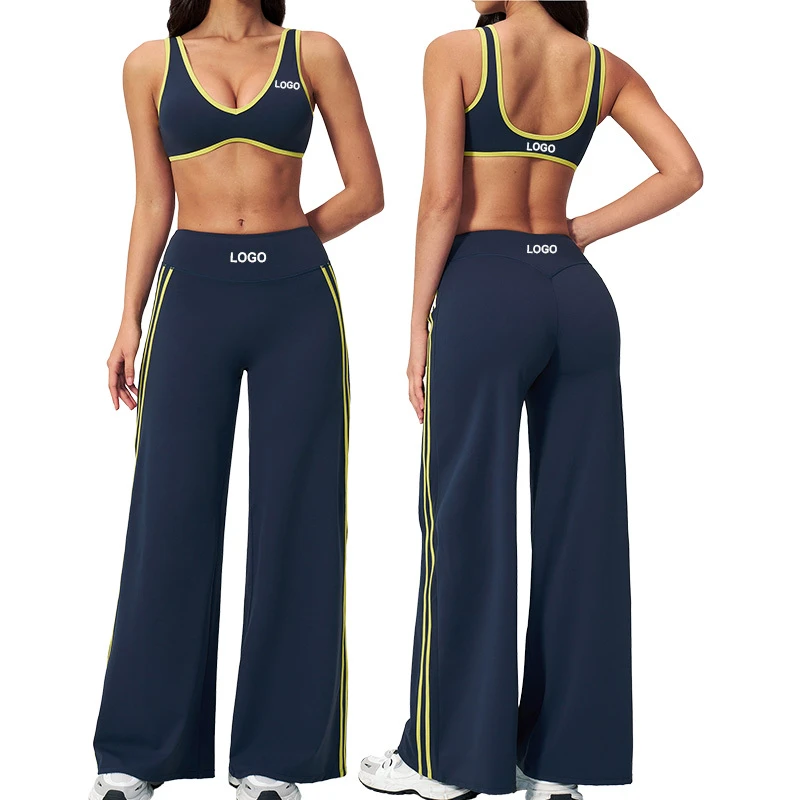 TZ8533-3 Deep V Neck Build In Sports Bra High Waist Straight Wide Leg Pants Color Blocking Quick Dry Fitness Sets