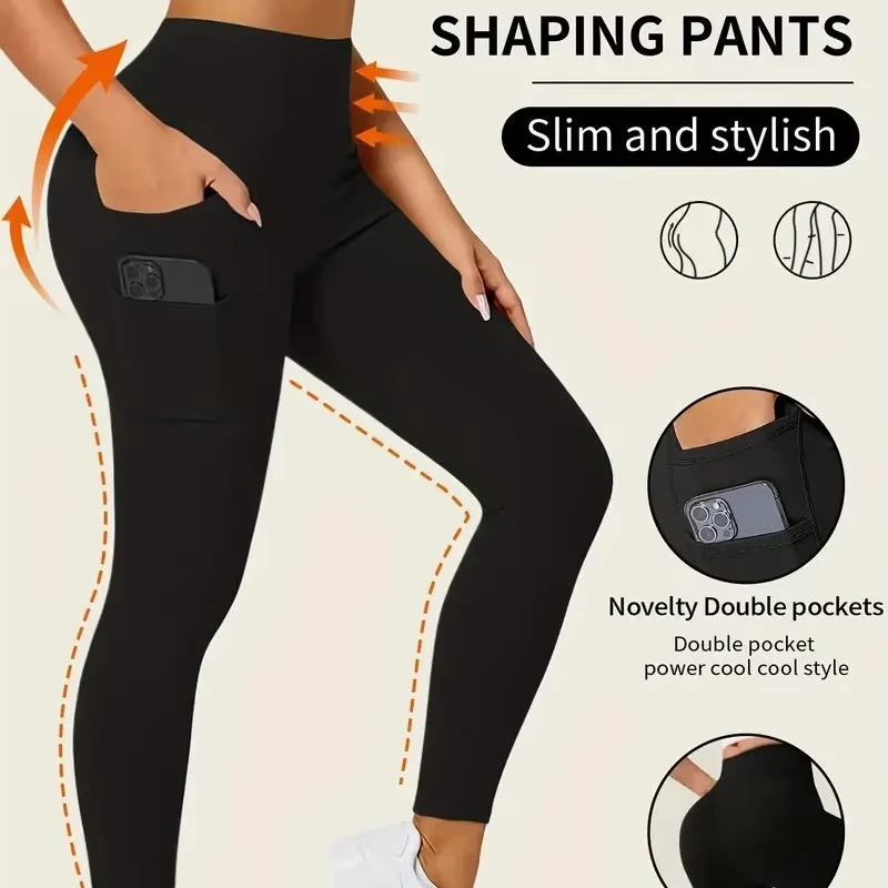 High Waist Tummy Control Shaping Pants Double Pockets Full Length Solid Color Yoga Leggings Seamless Elastic Waist