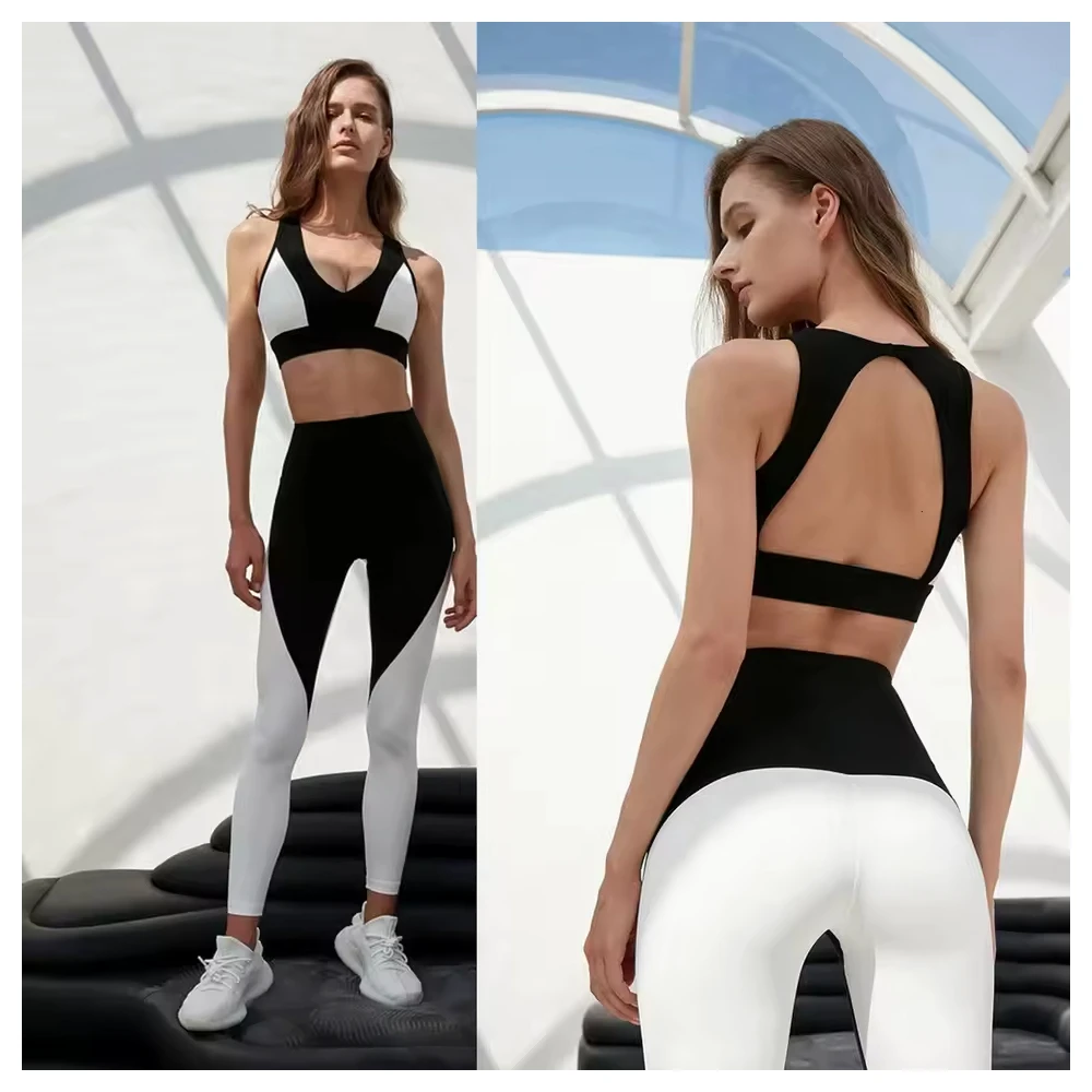 Women Solid Yoga Set Breathable Four-Way Stretch Fitness Suit Sports Gym Apparel Sleeveless Crop Top Pants High Elastic Front