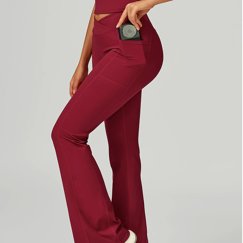 Women High Waisted Butt Lifting Push Tummy Control Wide Leg Slim Fit V Cut Flare Fitness Leggings Pockets Knitted Stretch