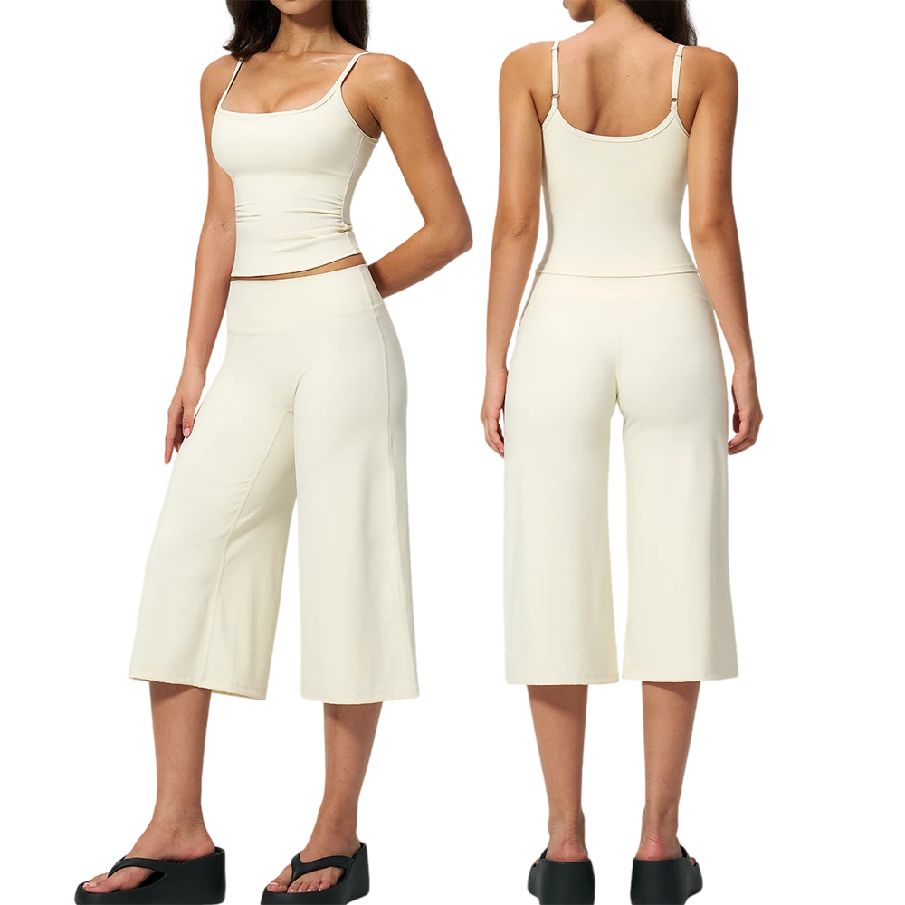CIYING Women High Waist Capri Wide Leg Leggings Pants 2 Pcs Set Yoga Tank Top Cropped Tummy Control Fitness Workout Set