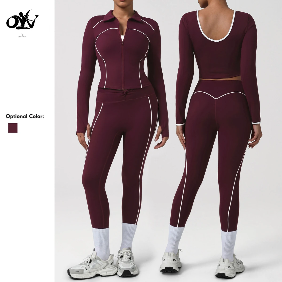 Color Blocking Long Sleeve Twist Tight Design Two Piece Yoga Set High-waist High Elasticity Quick-drying Soft Fitness Sport Set