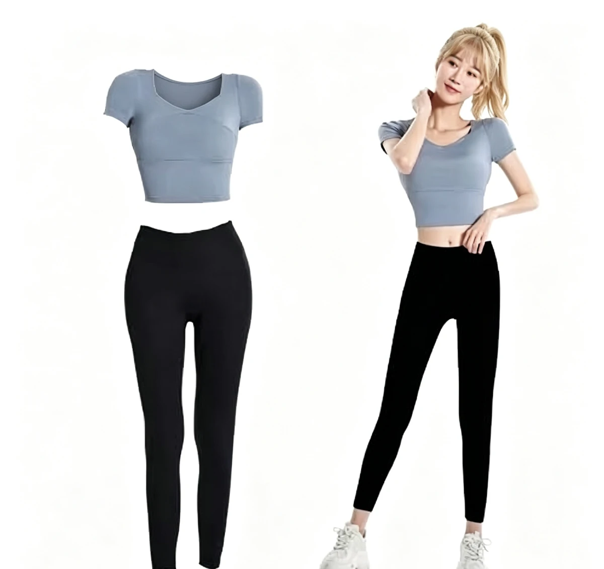 Women 2 Piece Yoga Outfit Short Sleeve Crop Top High Waist Leggings Set Breathable Stretch Workout Gym Fitness Tracksu