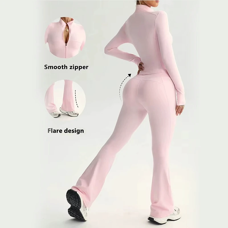 2026 Hot Sale Nylon Spandex Women Long Sleeve Zipper Jacket Push up Leggings Quick Dry Yoga Set for Gym Fitness Workout Wear