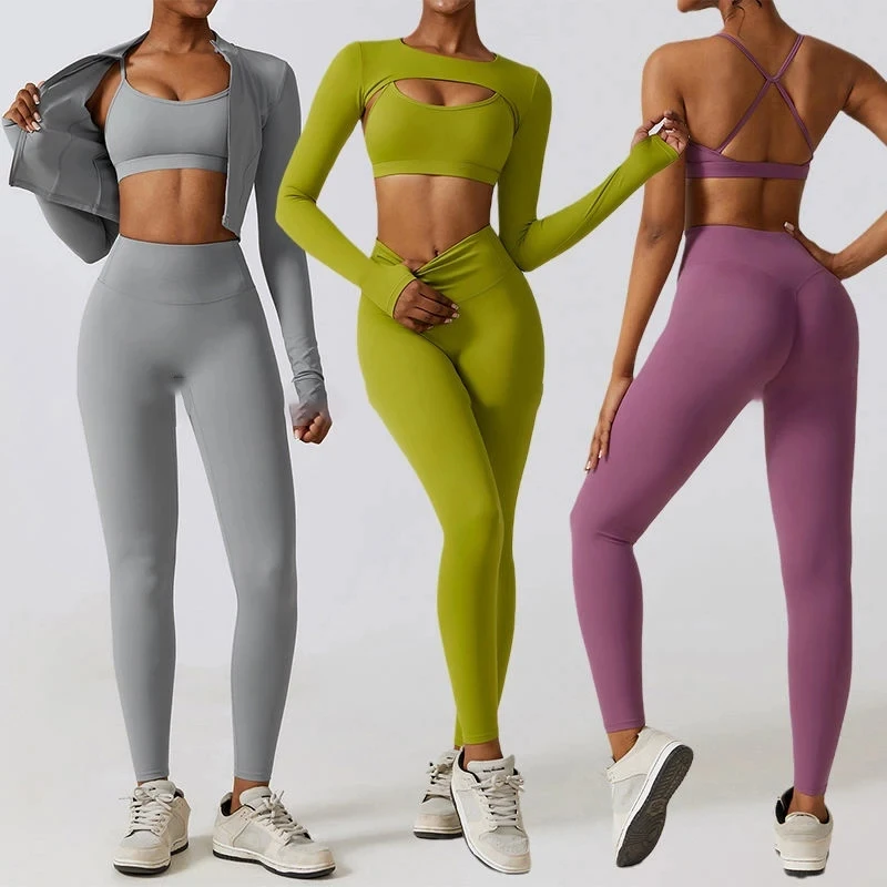 Active Wear 4 Pieces Sports Bra Top Yoga Jacket Workout Sets For Women Sportswear Gym Fitness Set