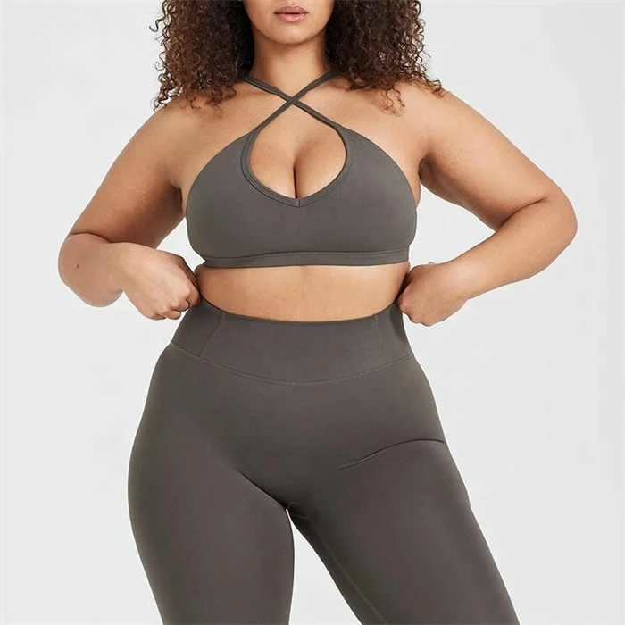 Women's Plus Size Adjustable Strappy Yoga Bra New Arrival Front Cross Sports Bra One Shoulder Breathable Simple Available Grey