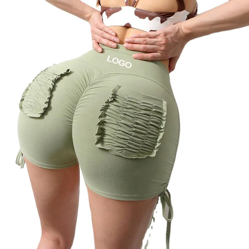 Oem Sexy Lace up Back Pockets Scrunch Butt Womens Fashion Yoga Shorts Sweat Wicking High Waist Workout Short Leggings