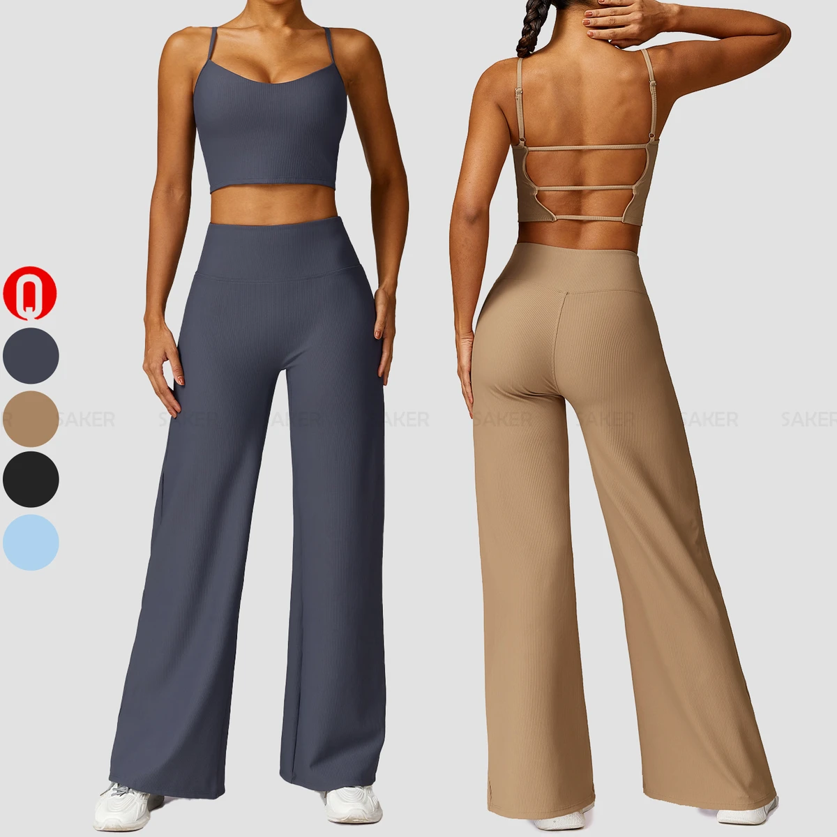 High Quality Fitness Wear Women Crop Top and Wide Leg Legging Sports Suits Ribbed Lightweight Elastic Workout Outfit Yoga Sets