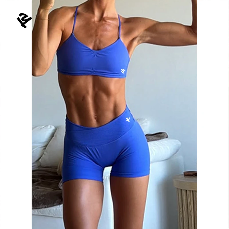 Custom Women Fitness Gym Workout Outfit Sportswear Clothes Ladies 2 Piece Spaghetti Strap Sports Bras and Yoga Shorts Set