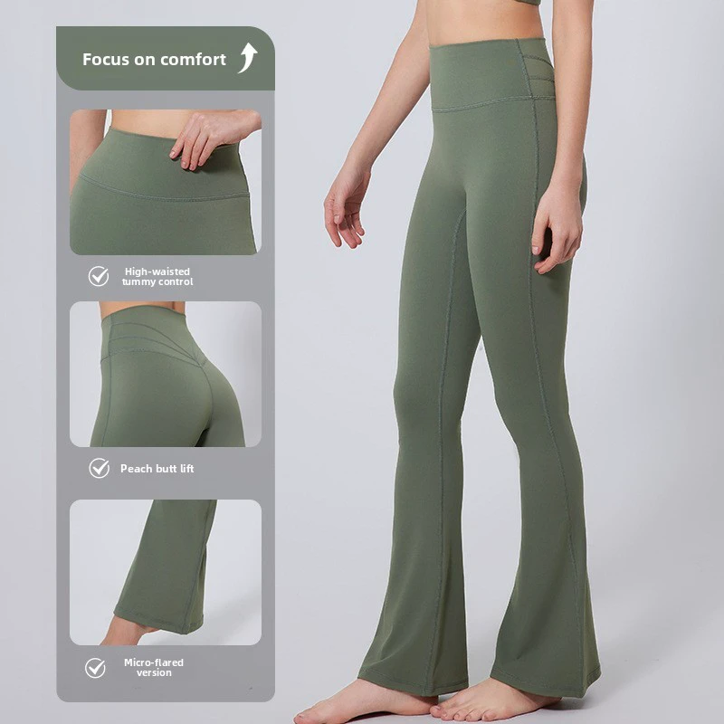 Women's Solid High-Waist Full-Length Flared Leg Tummy Control Butt-Lifting Yoga Pants Spandex/Nylon Wrinkle-Resistant Elastic
