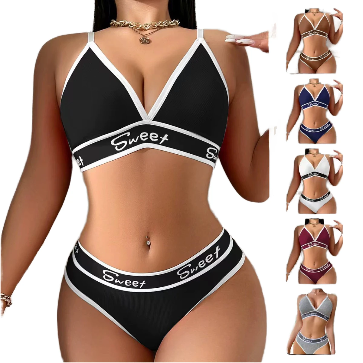 Fashionable Seamless Solid Underwire Bra Thong Set for Young Girls Adjusted-straps Bikini Panties Sexy Lingerie Sports