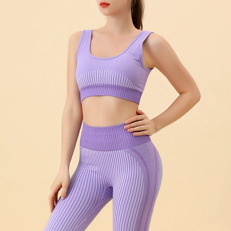 Cross-border Color Contrast Striped High Waist Hip Lifter Abdominal Yoga Suit 2-Piece Set Elastic Running Breathable Sports Suit