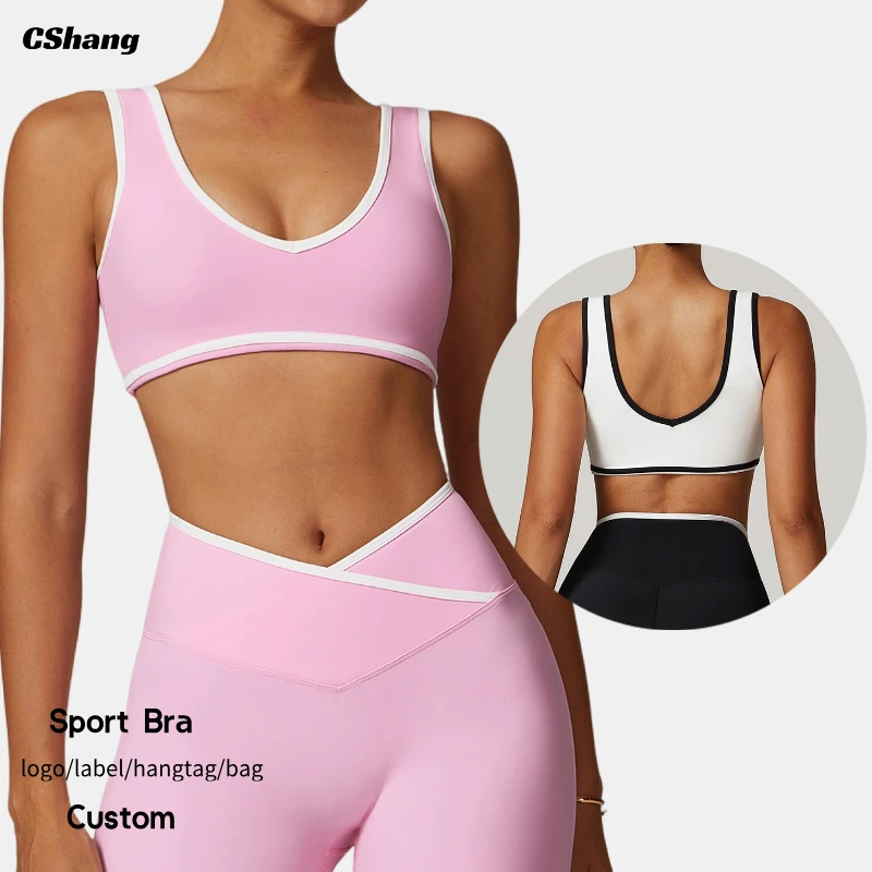 Hot Selling Breathable High Support V-neck Women's Yoga Sports Bra Contrast Color Wide Straps Shockproof Activewear Fitness Top