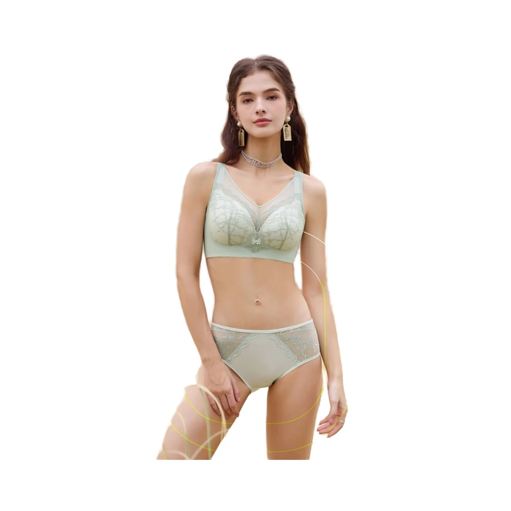 3506# Women's Plus Size Wireless Bra Comfortable Skin-Friendly Lace Decoration Adjustable Straps Solid Pattern Breathable