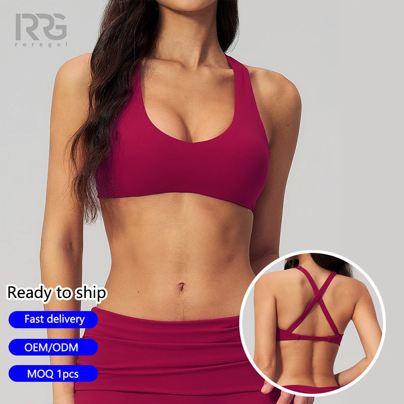 Roregal Spring/Summer New Women'S Brushed Fabric U Neck Sports Bra Quick Dry Gym Criss Cross Back Yoga Bra