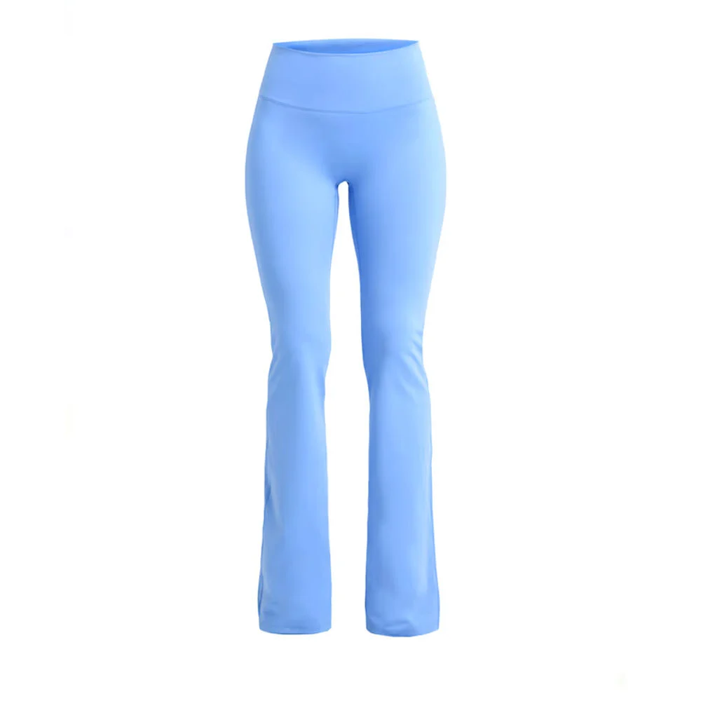 High Waisted Flared Leg Yoga Leggings Solid Color Seamless Full Length Women's Fitness Wear Blue Spandex Nylon Material