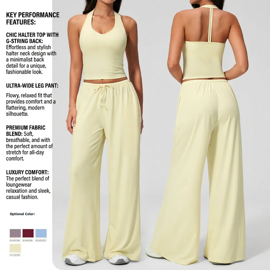 Ropa Deportiva Mujer Women's Solid Breathable Lightweight Two-Piece Tank Top & Wide Leg Pants Set With Custom Logo-Quick Dry