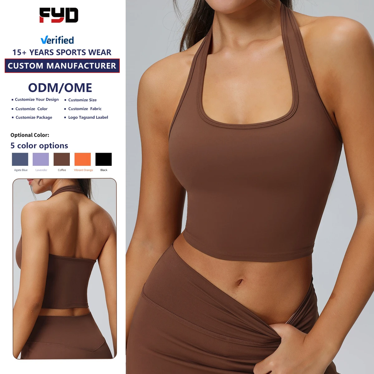 High Quality Comfortable Halter Neck Yoga Sports Bra Women Front Logo Sweat-Wicking Four-Way Stretch Medium Support Gym Crop Top
