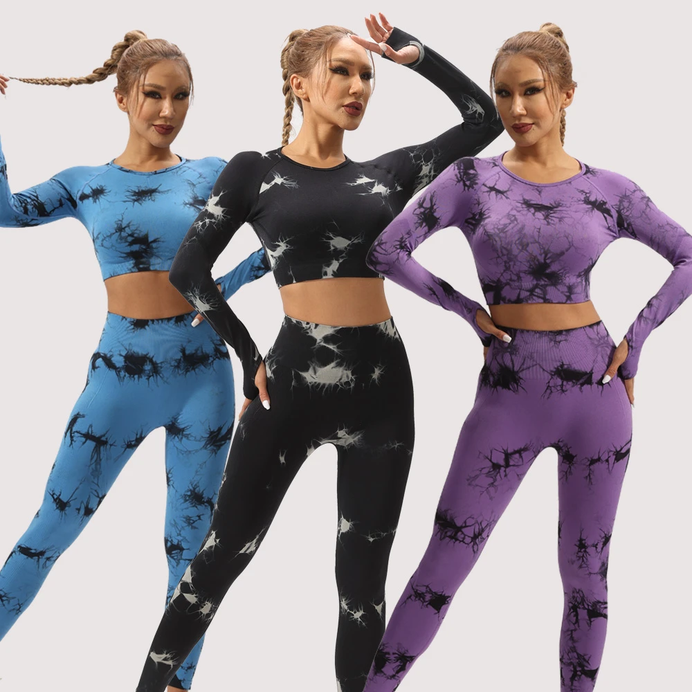 Women's Seamless Tie-Dye Yoga Set Sleeveless Crop Top High Waist Leggings Four-Way Stretch Front Gym Fitness Workout Activewear