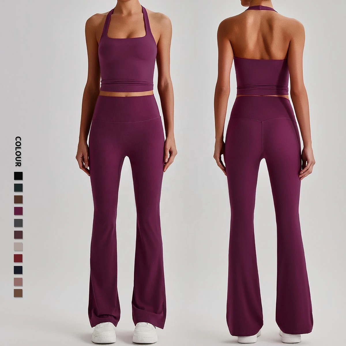 SHINBENE Women 2Piece Casual Yoga Suit Flare Legging Workout Halter Neck Crop Top Sports Fitness Set