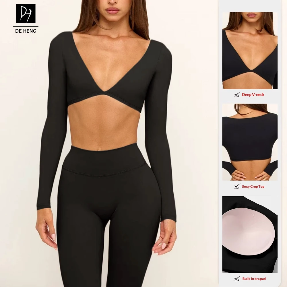 Custom V-Neck Long-Sleeved Crop Top and Mid Length Leggings Fitness Wear Sports Running Athletic Gym Yoga Sets