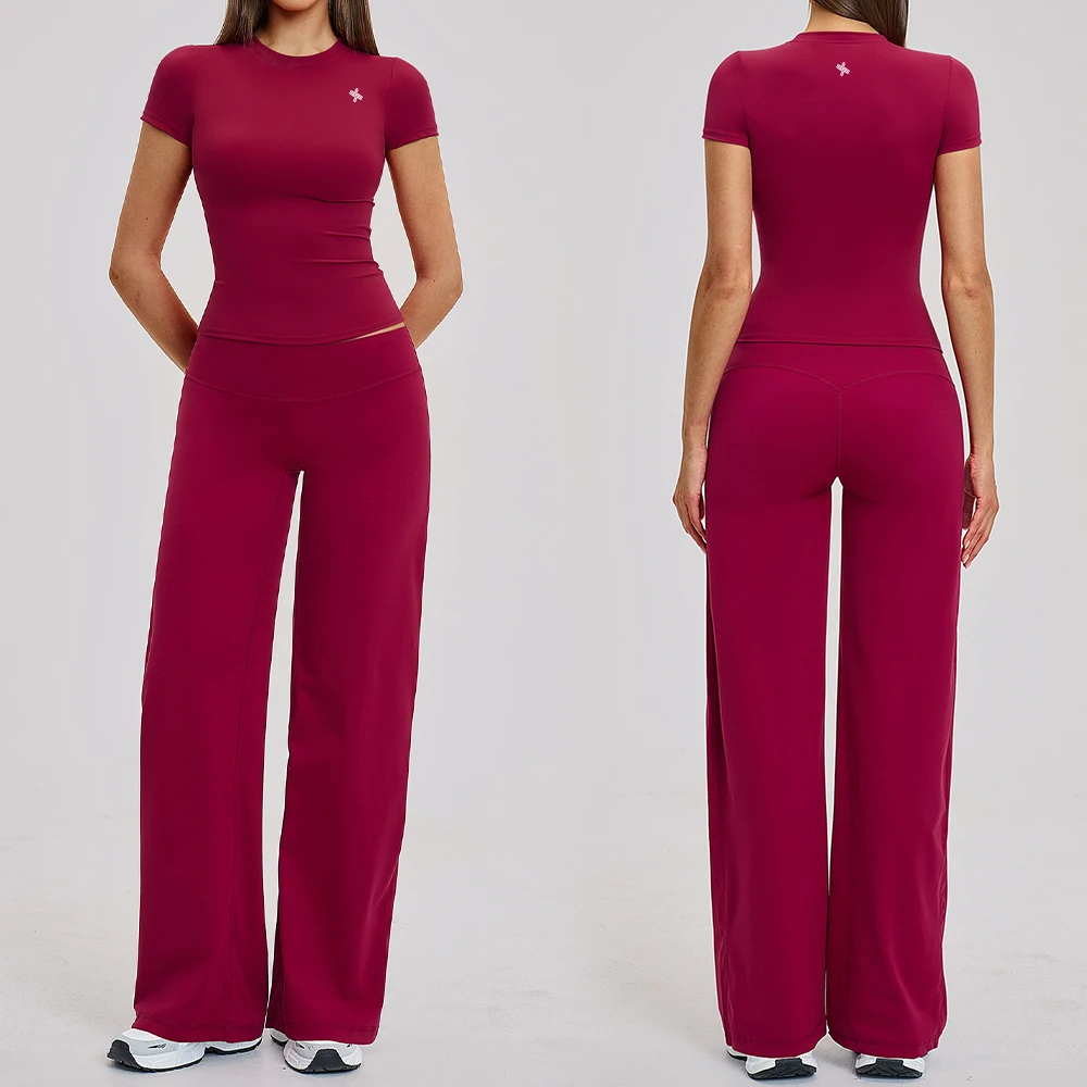 Custom Women's Workout Activewear Short Sleeve Slim Fit Top High Waist Flowy Wide Leg Pants Breathable Nylon Spandex Yoga Set
