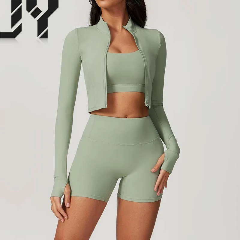 Joyyoung 3 Piece Yoga Set Women High Waisted Biker Shorts Sports Bra Full Zip Crop Jacket Gym Workout Fitness Clothes Wear