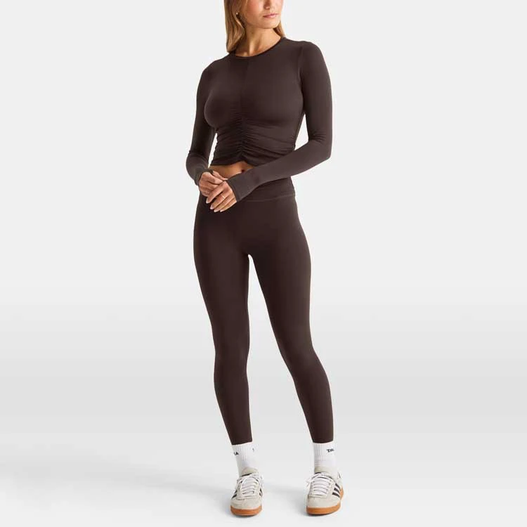 2026 Wholesale Women Plus Size Solid Breathable Ruched Long Sleeve Top High Waist Leggings Stretchy Soft Sculpt 2 Piece Yoga Gym