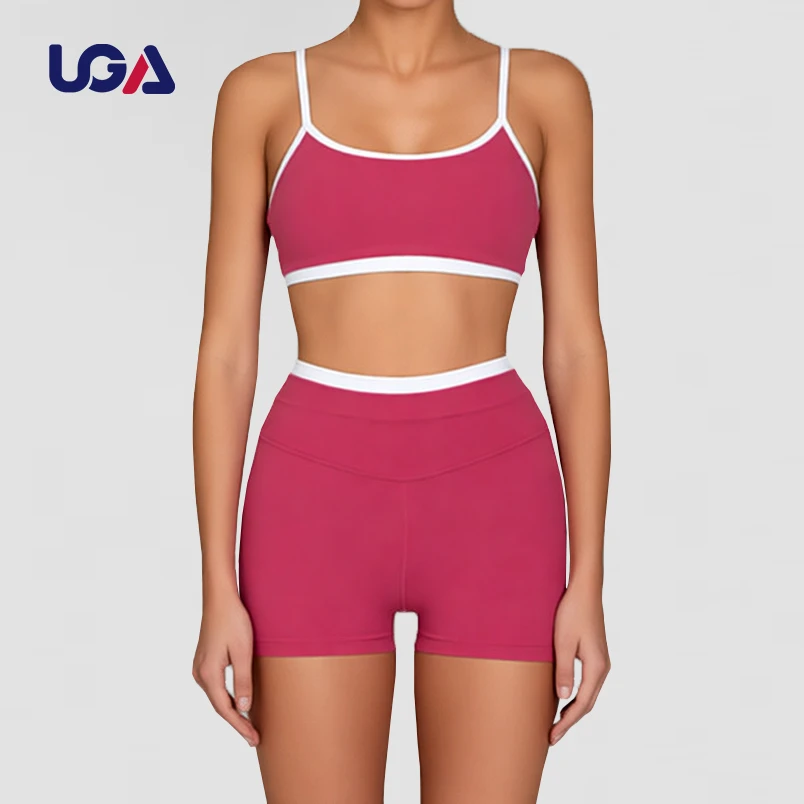 Tummy Control Contrast Color Block High Impact Double Layer Sports Bra Striped 2 Piece Short Leggings Yoga Set for Women