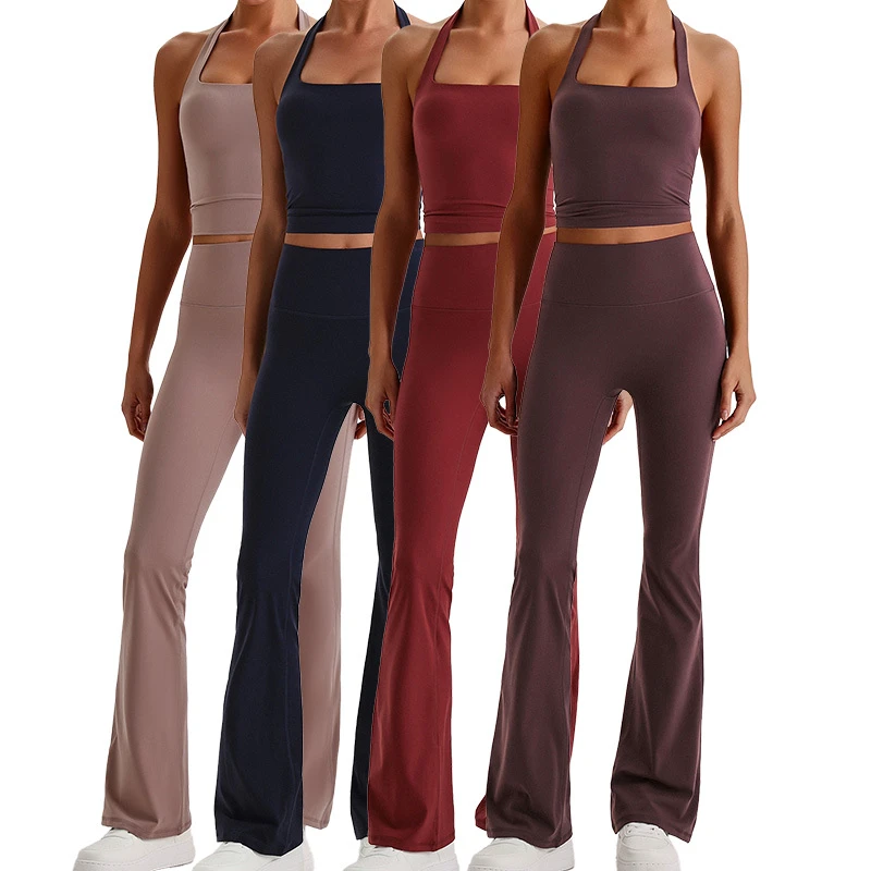 6950 Quick Drying Halter Open Back Top Breathable High Stretch Long Boot Cut Yoga Pants Women Fit Exercise Suit Pants and Top
