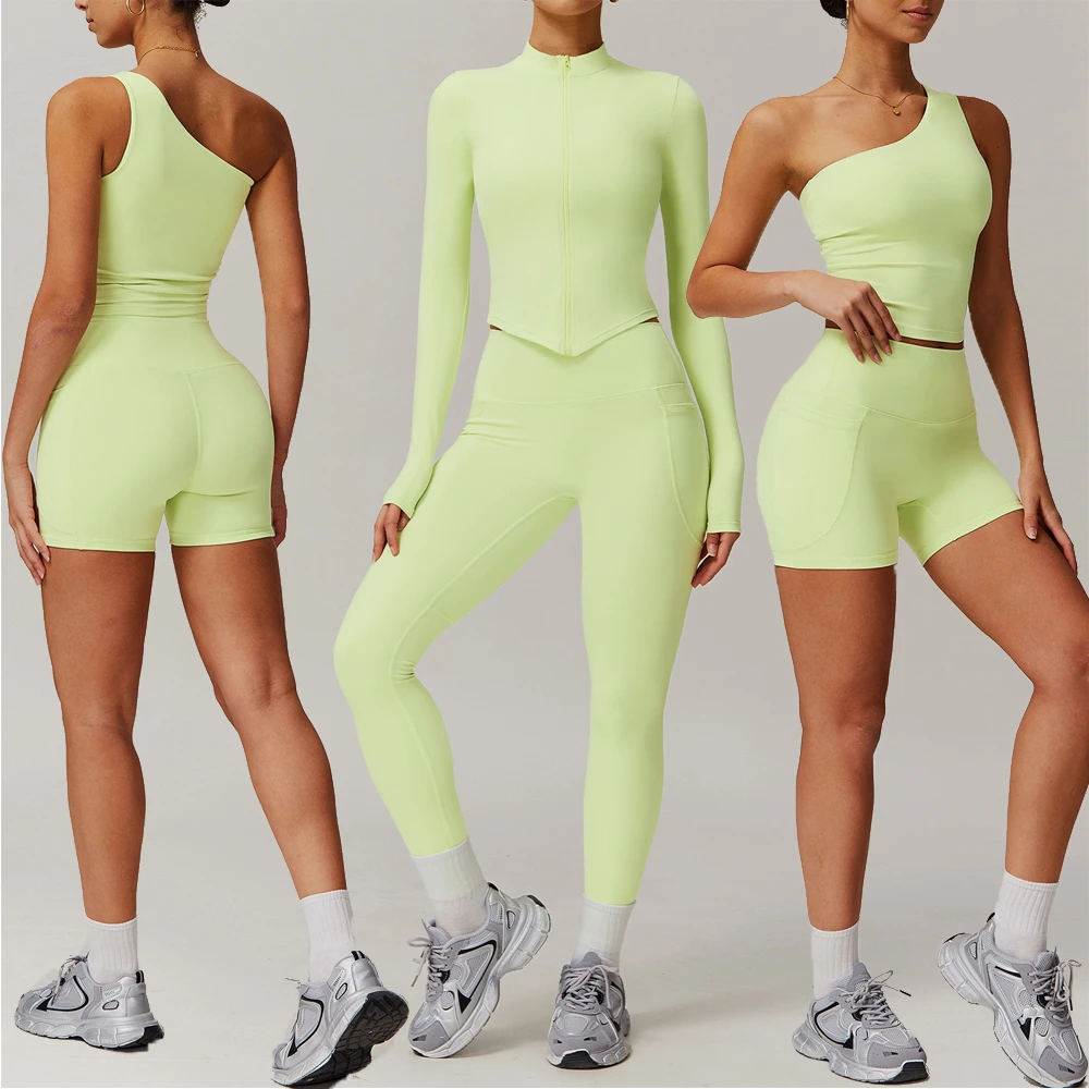 Women One Shoulder Active Wear Set Vest Tank Jacket High Waist Leggings Shorts Yoga Set Gym Fitness Clothes