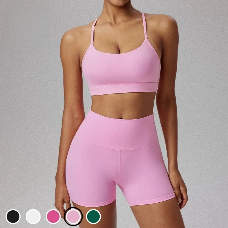 Backless Sportswear Short Set Women's Sports Bra 2 Piece High Waist Gym Fitness Set Outfits Biker Shorts Workout Yoga Sets