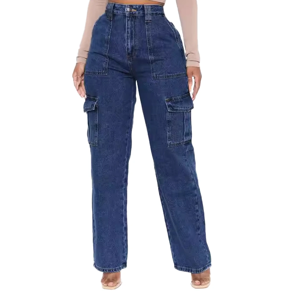 Women's High Waist Loose Fit Medium Wash Denim Cargo Pants Eco-Friendly Polyester/Cotton Blend Printed Design Elastic Waistband