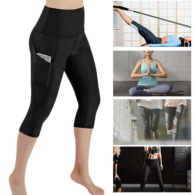 Quick Dry High Waist Pocket Cropped Yoga Pants Tummy Control Non See Through for Yoga Fitness Running Gym Cropped Yoga Pants