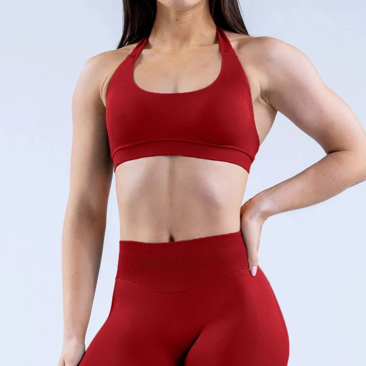 Womens High-Waist Butt Lifting Sport Set Sweat-Wicking Tight Fit Yoga Running Outfit Keyhole Back Color Pop Contrast Gym Suit