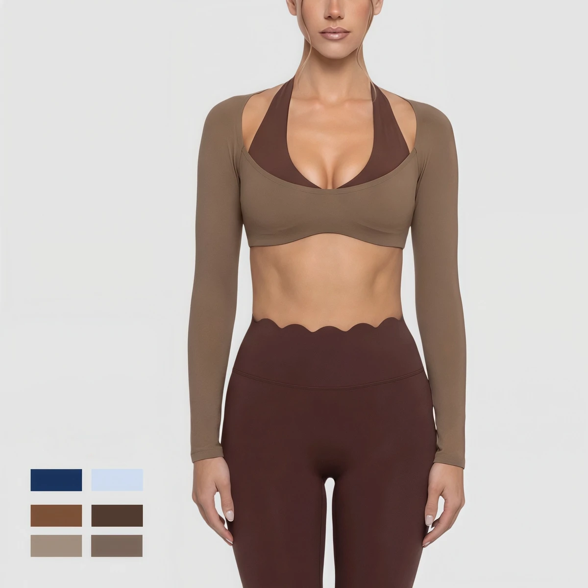 Ladies Contrast Active Wear Set Long Sleeves Halter Crop Top & High Waist Scallop Pants Fitness Yoga Wear Suit