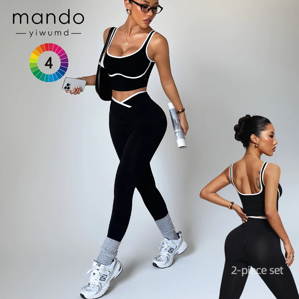 Yiwu Custom Logo Women's Gym Set Stylish And Durable Contrast-Bound White Striped V Waist Leggings And Bra Set