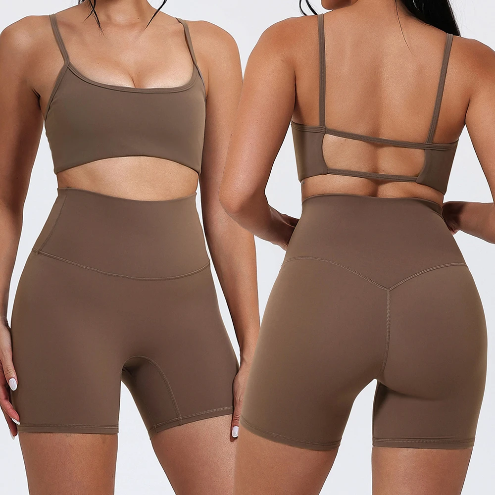 New Sportswear Gym Clothing Sports Backless Bra Running Hip Line Shorts Soft Tummy Control 2 Piece Women Workout Set
